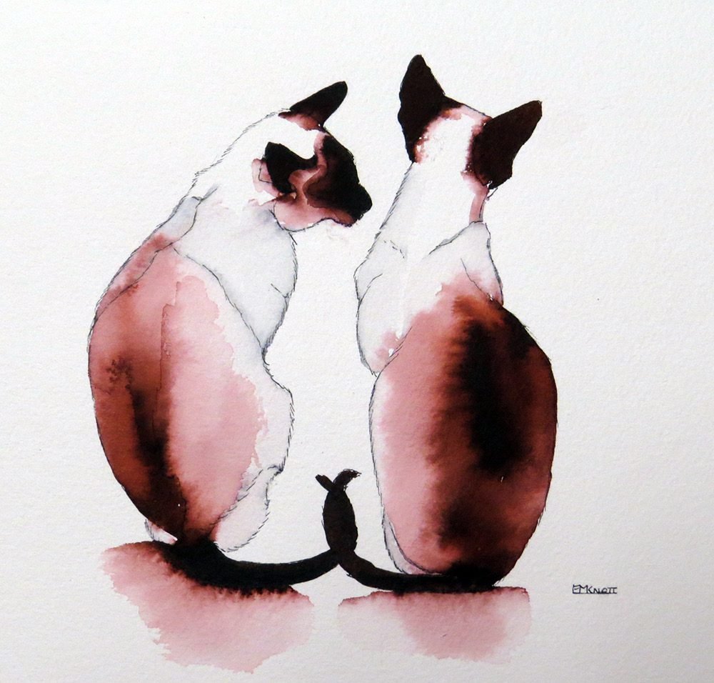 2 Siamese cats in ink