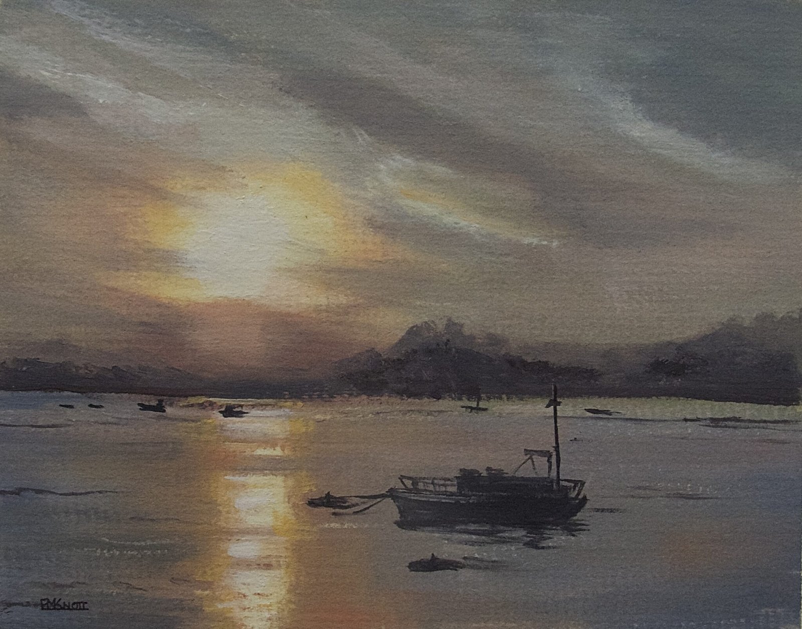 Oil painting looking across the Exe estuary at sunset
